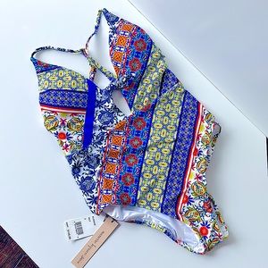 NWT Nanette Lepore one piece swimsuit extra low back cross straps keyhole size 2